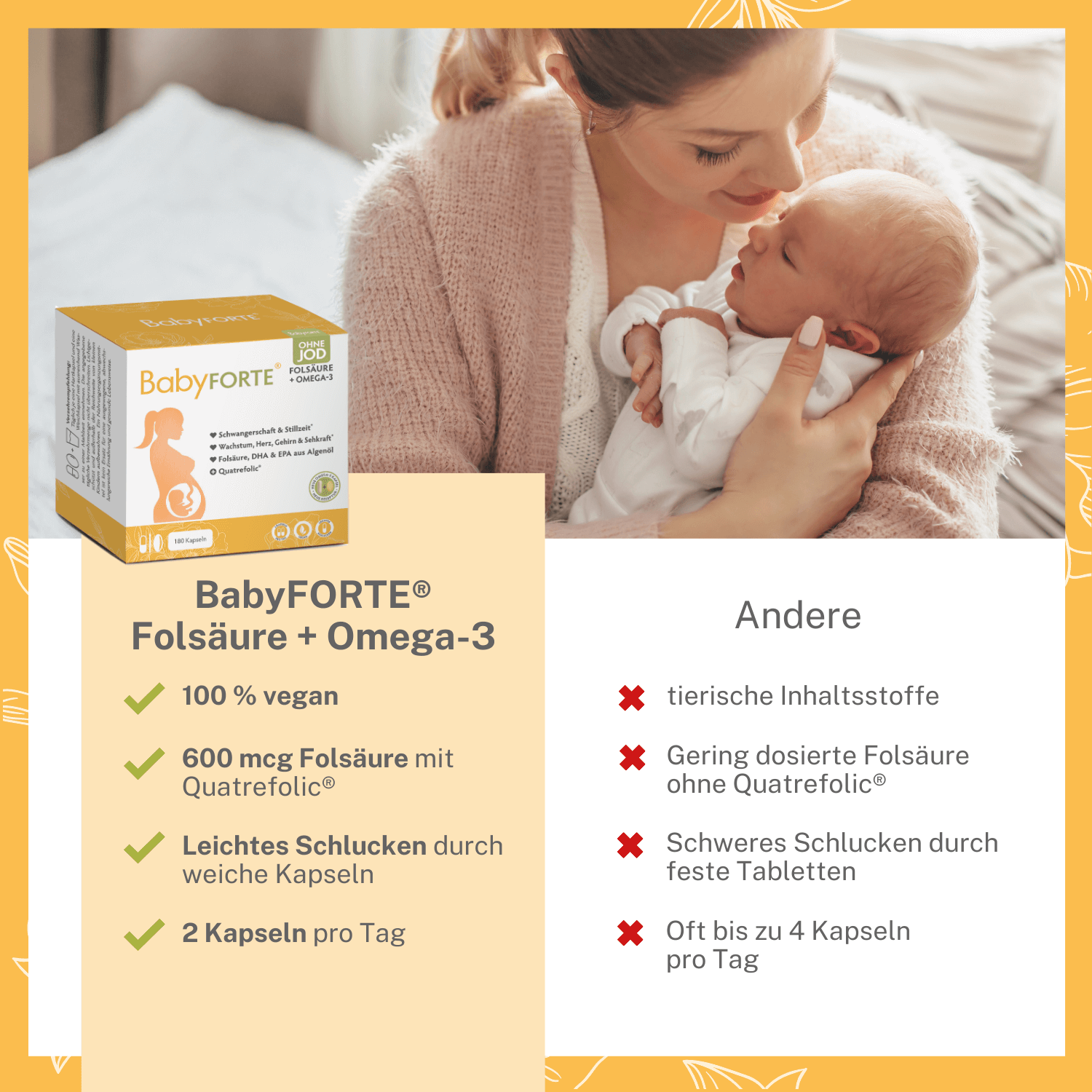 Qualitätsmarkmale von BabyFORTE Folsäure + Omega-3 ohne Jod im Vergleich zu anderen Schwangerschaftsvitaminen