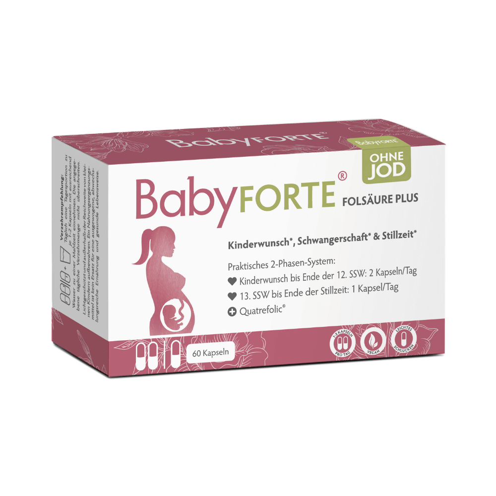 BabyFORTE FolsäurePlus ohne Jod, 60 Kapseln, Vorderseite Verpackung