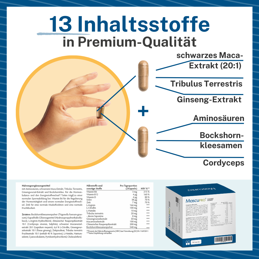 MascuPro Mann & Kraft 180 Kapseln, 13 Inhaltsstoffe in Premium Qualität, wie schwarzes Maca-Extrakt, Tribulus Terrestris, Ginseng-Extrakt, Aminosäuren, Bockshornkleesamen, Cordyceps