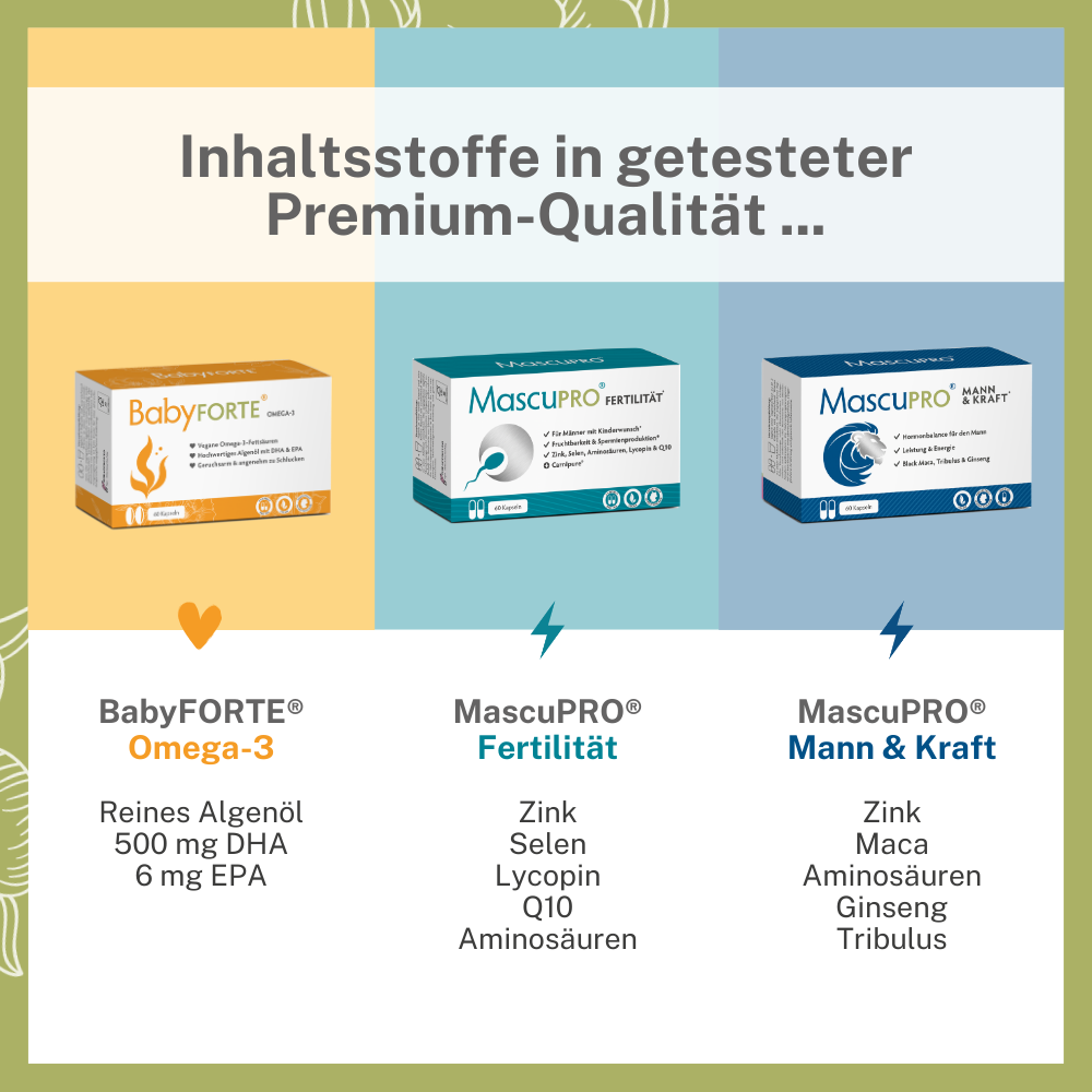 BabyFORTE Kinderwunsch Komplett-Paket oJ – Inhaltsstoffe in getesteter Qualität, Omega-3, Fertilität, Mann & Kraft