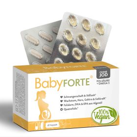 BabyFORTE Folsäure + Omega-3 ohne Jod, 60 Kapseln, Vorderseite Verpackung