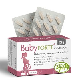 BabyFORTE Folsäure Plus ohne Jod, 60 Kapseln, Vorderseite Verpackung