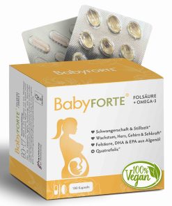 BabyFORTE Folsäure + Omega-3, 180 Kapseln, Vorderseite Verpackung