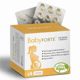 BabyFORTE Folsäure + Omega-3, 180 Kapseln, Vorderseite Verpackung