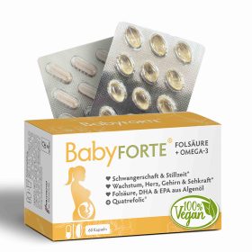 BabyFORTE Folsäure + Omega-3, 60 Kapseln, Vorderseite Verpackung